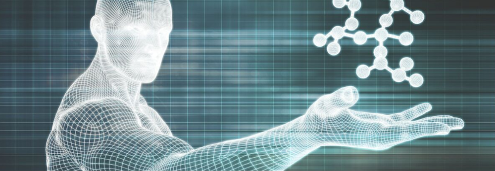 Illustration of a humanoid figure with palm extended under a depiction of a chemical molecule