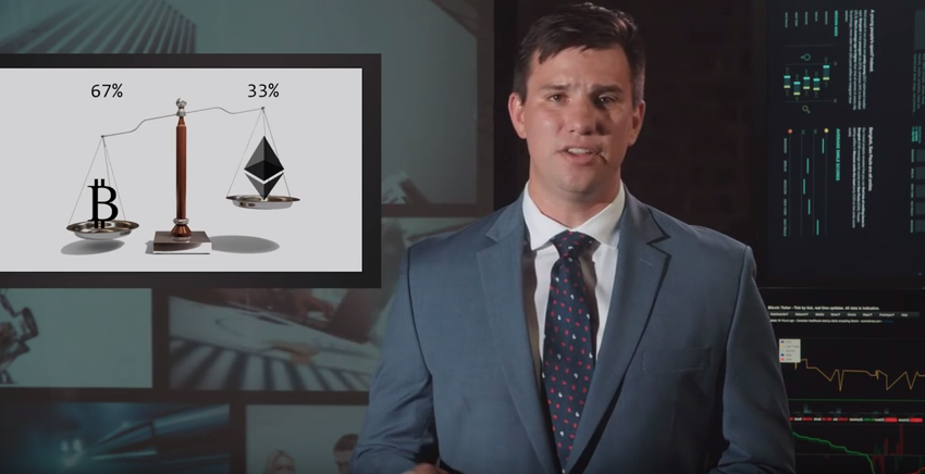 In an image from his team's video submission, J.P. Navarro (MBA '17) makes his case for a portfolio comprising 67 percent Bitcoin ad 33 percent Ether.