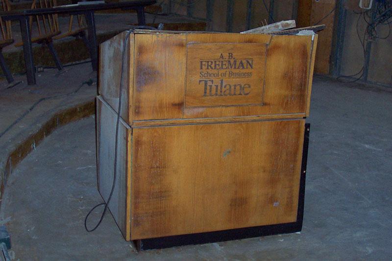 A flood damaged lectern in Goldring Woldenberg Hall on Oct. 15 2005