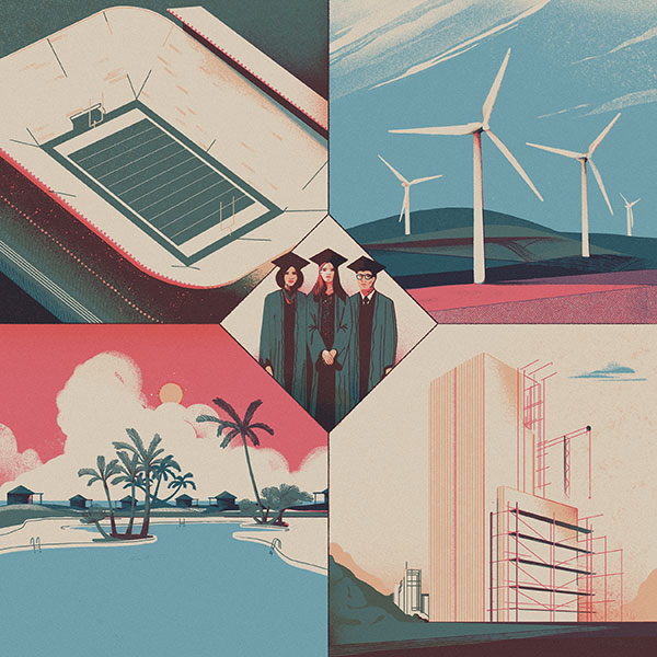 Illustration by Juan Bernabeu depicting the four industries covered by the new Certificates Program.