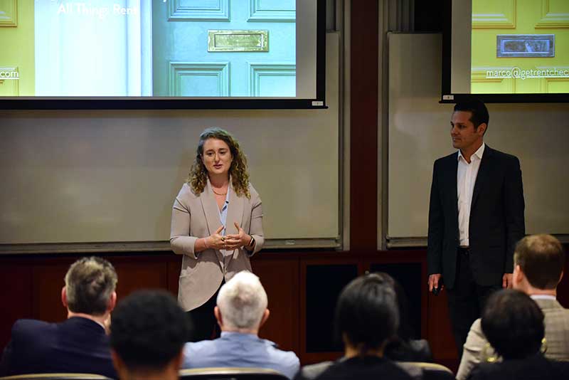 Lydia Winkler (MBA/JD '19) and Marco Nelson (MBA '19) pitch their venture RentCheck to judges at the 2019 Tulane Business Model Competition.