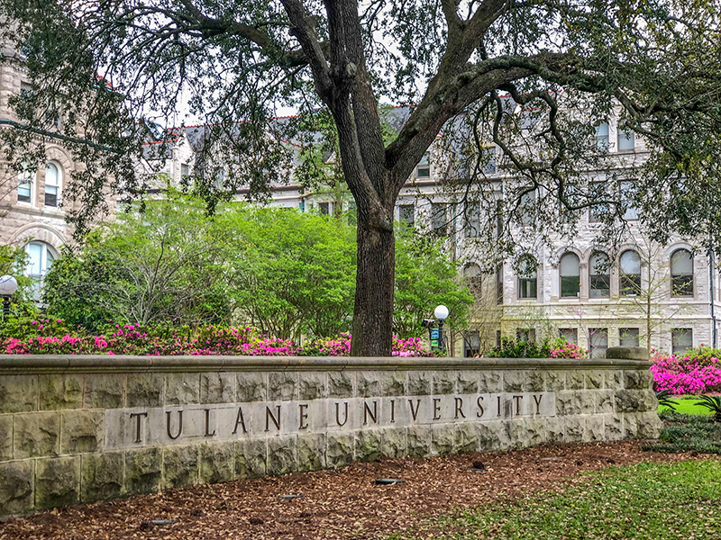 Tulane University sign in front of Gibson Hall