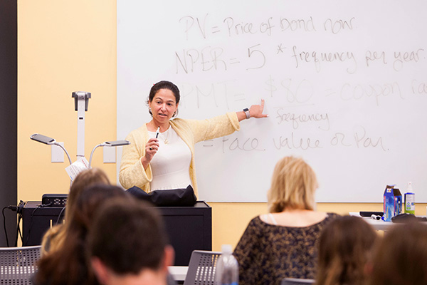 Professor of Practice Mara Force teaches a class in the Goldring/Woldenberg Business Complex