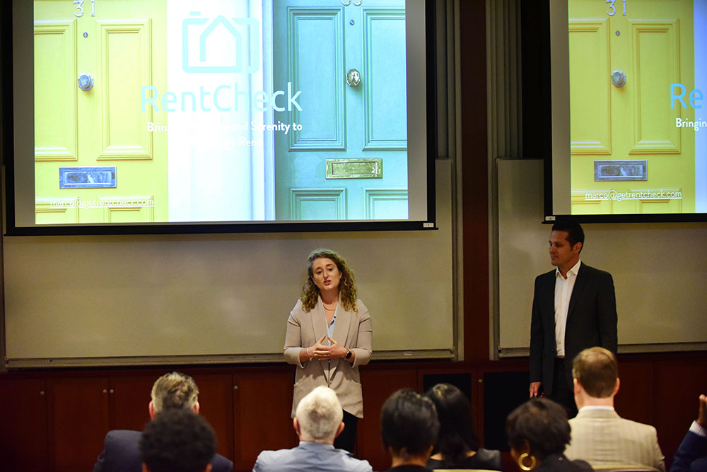 Lydia Winkler and Marco Nelson pitch their startup Rent Check at the 2019 Tulane Business Model Competition