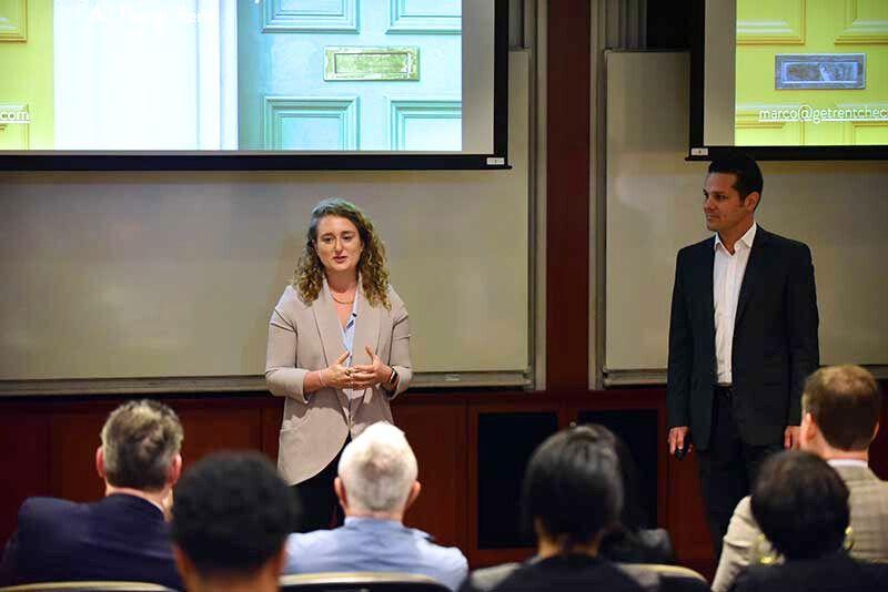 Lydia Winkler and Marco Nelson present during the 2019 Tulane Business Model Competition. 
