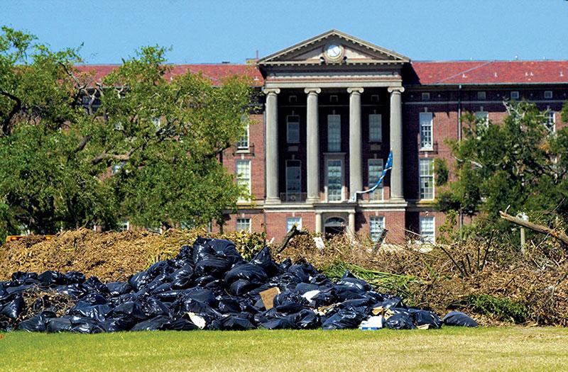 Newcomb Hall with storm debris piled in front