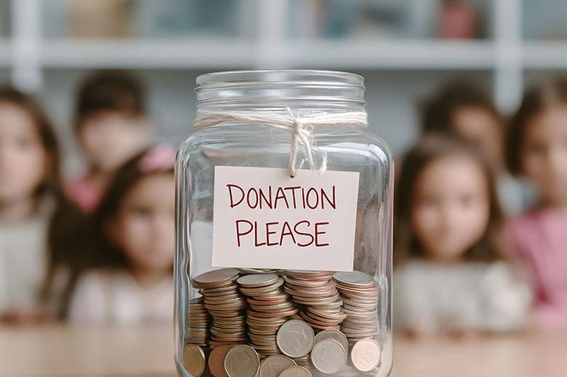 Donation jar filled with coins, labeled "DONATION PLEASE", with blurry children in the background.