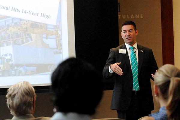 GNO Inc. chief Michael Hecht told a Freeman School audience that the region's next big challenge will be achieving a critical mass of companies and workers. (Photo by Cheryl Gerber)