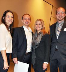 Celebrating at PitchNOLA are Crescent City Connections team members, from left, Annie Daskovsky and co-founder Teddy Nathan, with Propeller representative Rebecca Conwell and Zach Cheney, also a co-founder of the venture. (Photo by Ian Cockburn)