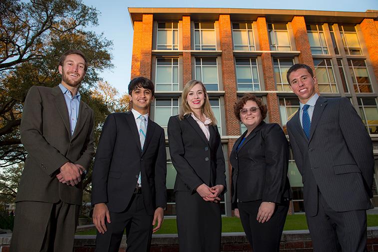 Freeman students Sarah Lawhorne, Andrew Landsiedel, Michael Kreisman, Neil Barot and Sara Scott, left to right, beat out more than 450 teams from across the U.S. to win this year's PwC Challenge accounting case competition. (Photo by Paula Burch-Celentano)
