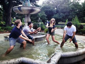 As part of the challenge, students had to find the fountain dedicated to Sophie Gumbel and create a photo homage to the opening of "Friends."