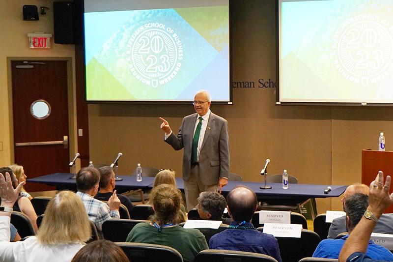 Dean Goes calls on a questioner during his annual State of the School presentation