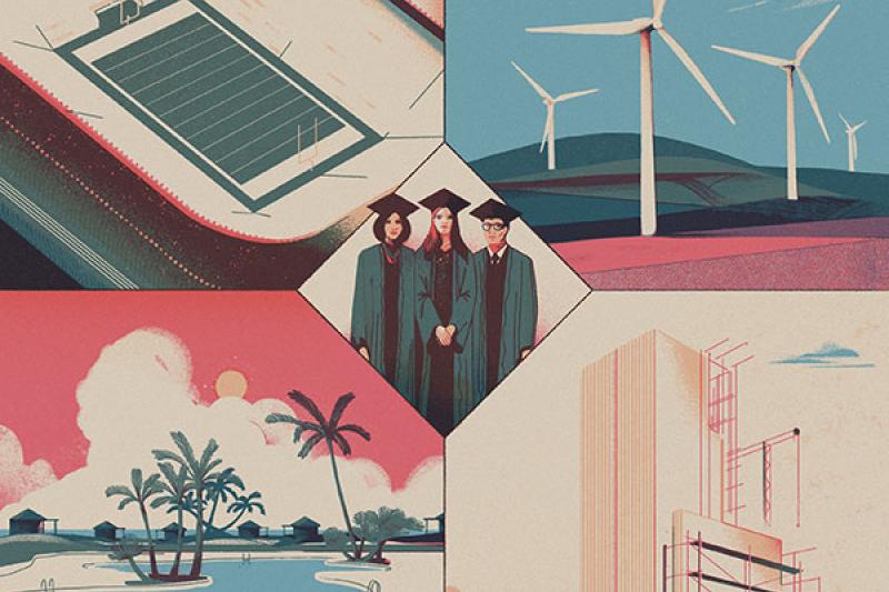 Illustration by Juan Bernabeu depicting the four industries covered by the new Certificates Program.