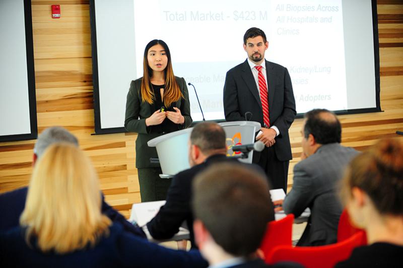 Mei Wang and David Tulman present during the 2017 Tulane Business Model Competition. 