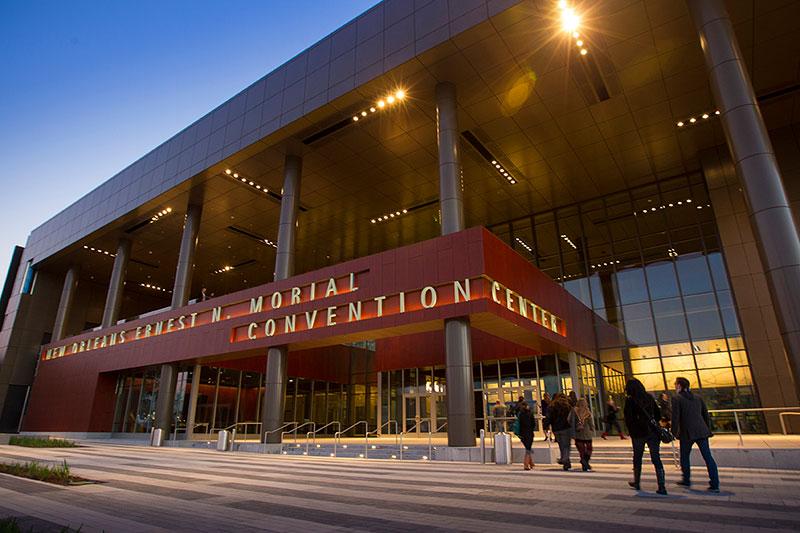 Entrance to Ernest N. Morial Convention Center at dusk