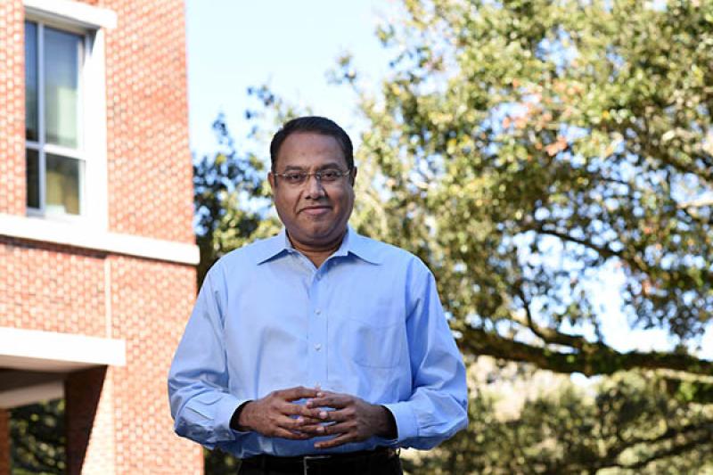 Venkat Subramaniam photographed outside the Goldring/Woldenberg Business Complex