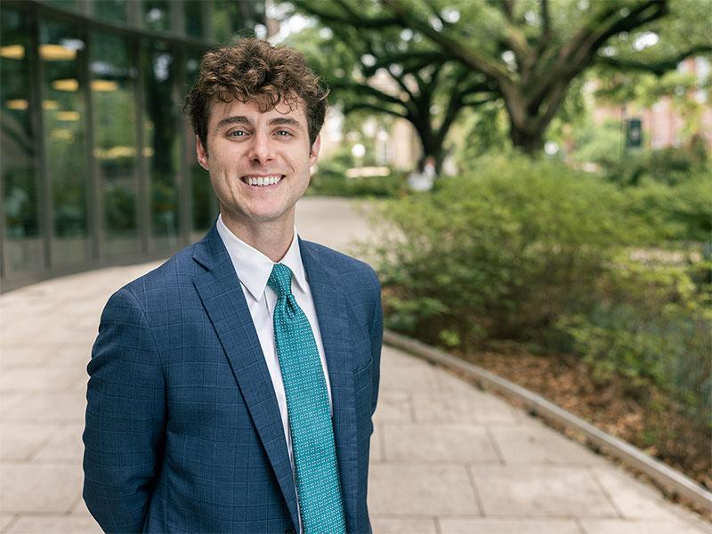Harrison Bond photographed outside the Goldring/Woldenberg Business Complex