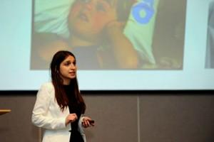 Parastoo Khoshakhlagh, a doctoral student in the Tulane biomedical engineering program, makes the winning presentation for Tympanogen. (Photo by Cheryl Gerber)