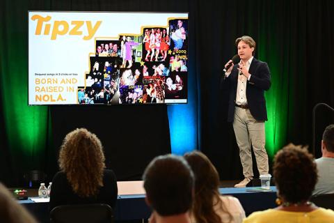 Josh McCoy pitches Tipzy during the finals of Pitch Friday