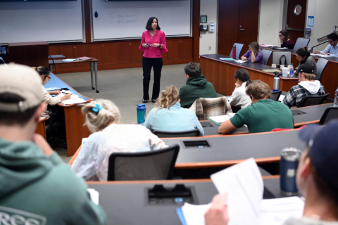 A professor delivers a lecture to a classroom of master’s degree students. 