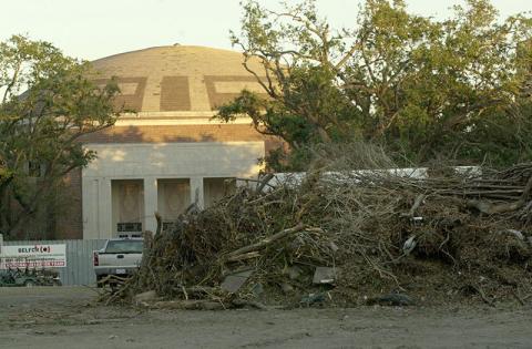 McAlister Auditorium in October 2005 with storm debris piled up in front of it.