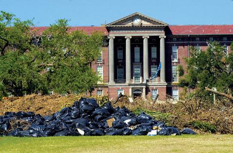 Newcomb Hall with storm debris piled in front