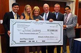 An MBA team from the Freeman School earned third-place honors in this year's competition. Pictured with sponsors Rolanette and Berdon Lawrence, center, are from left to right Cynthia Brown, David Dowty, Rodolfo , ???.