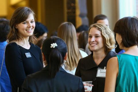 Lauren Siegel (MBA '15), left, and Christine White (MBA '09) helped welcome incoming MBA students to the Freeman School at a reception hosted by the Career Management Center and the Freeman 50 .