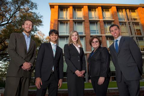 Freeman students Sarah Lawhorne, Andrew Landsiedel, Michael Kreisman, Neil Barot and Sara Scott, left to right, beat out more than 450 teams from across the U.S. to win this year's PwC Challenge accounting case competition. (Photo by Paula Burch-Celentano)