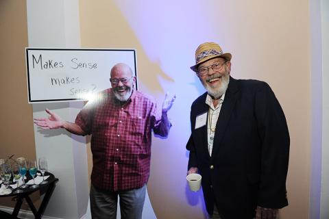 Beau Parent poses with a cardboard cutout of himself at the Freeman School's centennial celebration in 2014.