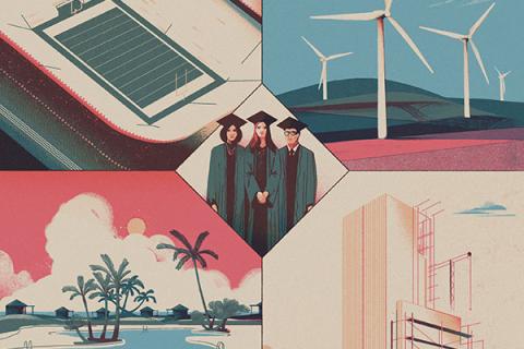Illustration by Juan Bernabeu depicting the four industries covered by the new Certificates Program.