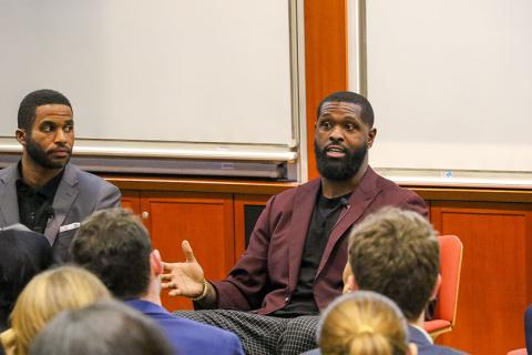 Terron Armstead speaks to students at Marquest Colston looks on at inaugural Tulane Sports Business Conference