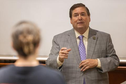 Billy Nungesser answering a question from a student