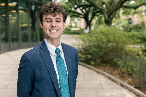 Harrison Bond photographed outside the Goldring/Woldenberg Business Complex