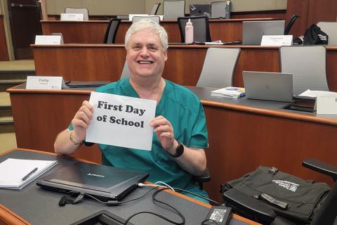 Peter Kastl photographed in the Goldring/Woldenberg Business Complex on his first day in PMBA program