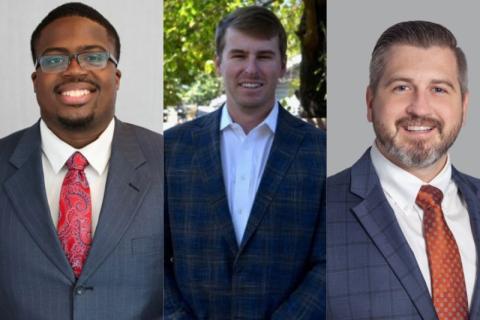 Composite image featuring headshots of OMBA graduates Jamari Tansmore, Connor Pellerin and Hunter Ball