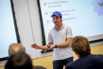Harry Gestetner (BSM '22) pitching his startup Fanfix at the Lepage Center's Pitch Fridays program. Harry and his two partners sold their startup for eight figures in July. 